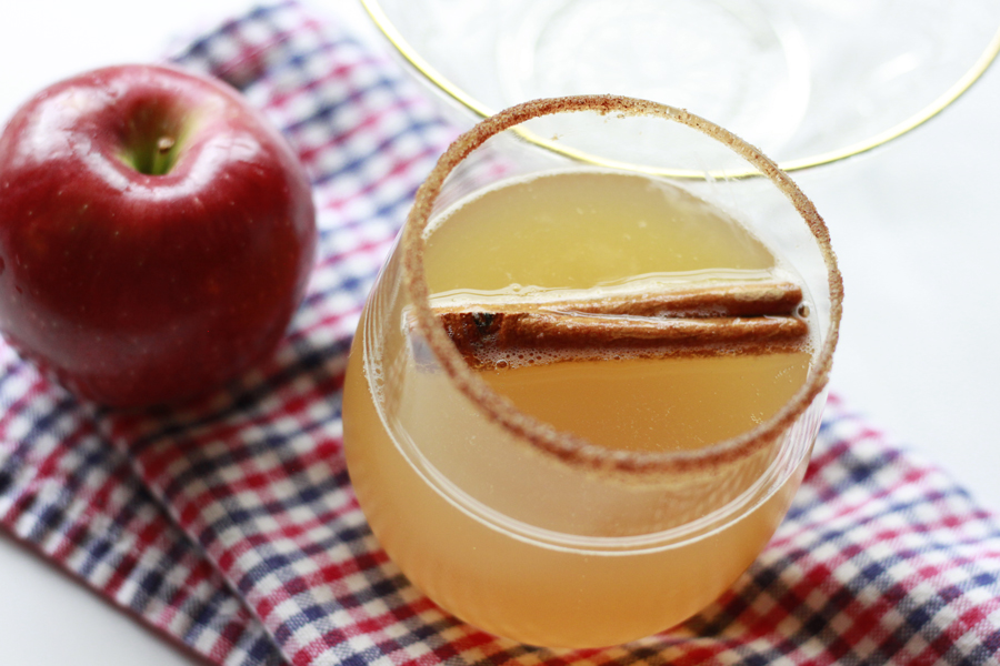 The picture is taken from above. Floating cinnamon stick in non-alcholic apple cider with apple and red and blue checkered napkin.