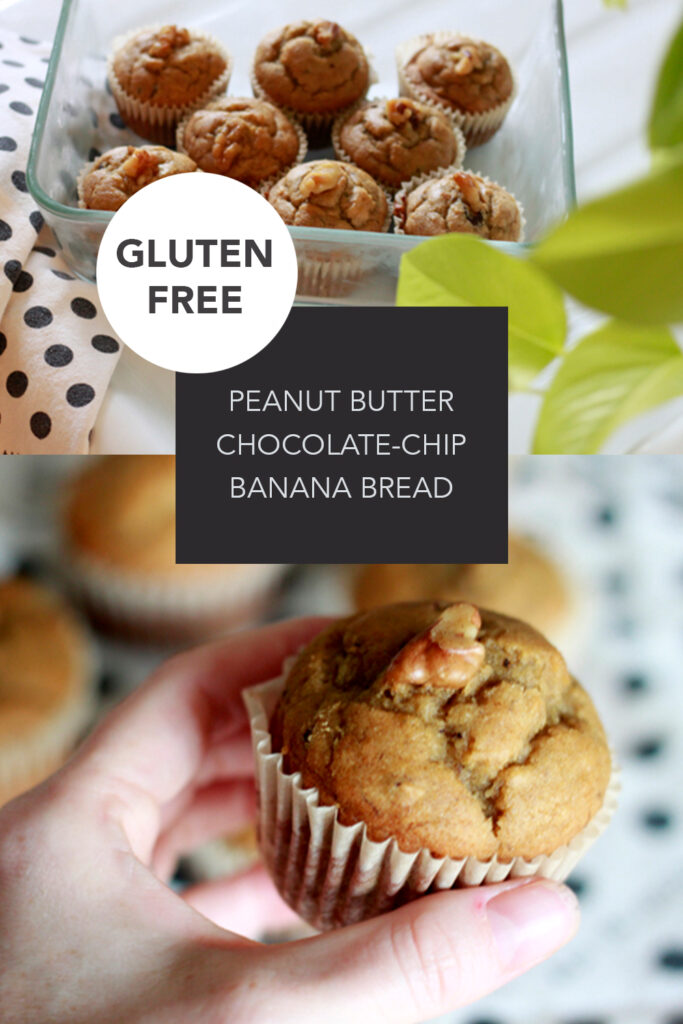 Muffins in glass rectangle dish on a poka dot cloth with lime green leaves. Text readers Gluten Free Peanut Butter Chocolate chip banana bread. Bottom picture hand holding banana bread muffin with walnut on top.