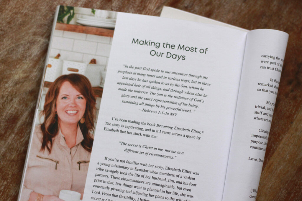 Dawn Masen smiling with page open to a spread that says, "Making the Most of Our Days"