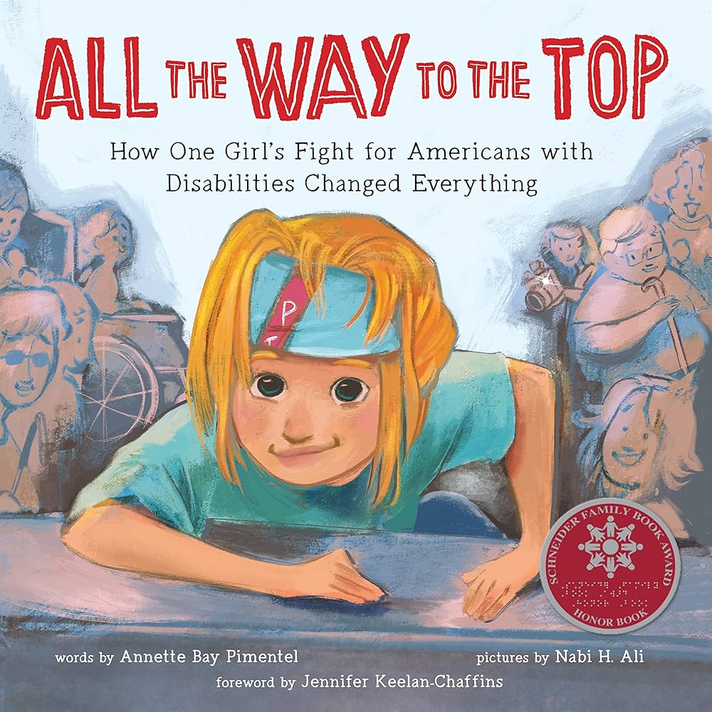 Cover of "All the way to the top" main character is disabled and crawls up steps with t-shirt tied around forehead holding back hair.