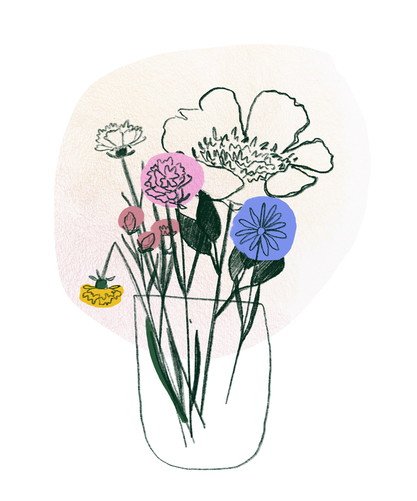 Line drawing of carnations, peony and daisy flowers in a vase some with colors some without.