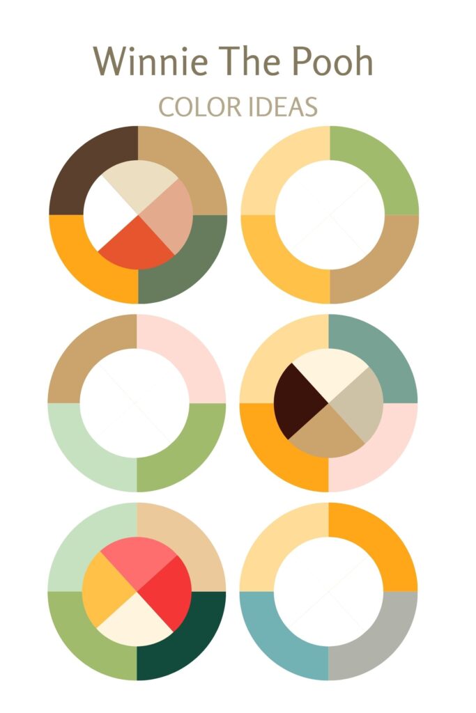 six palettes for winnie the pooh or hundred acre woods color schemes shown in circles