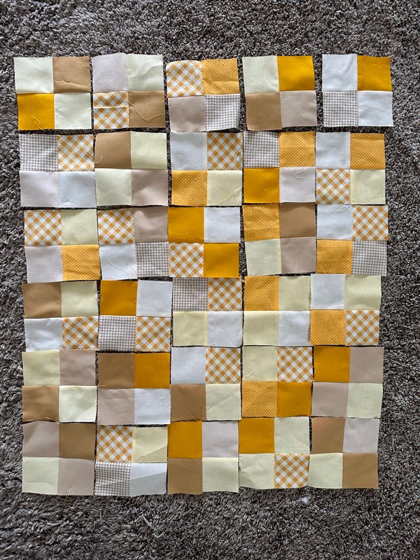 yellow and gold squares, in progress winnie the pooh quilt