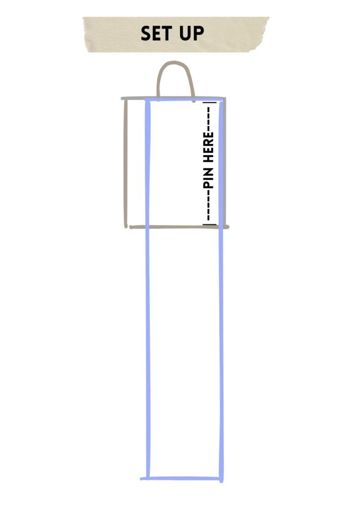 This diagram shows where to place your clips or pins. It shows the right side of the fabric.