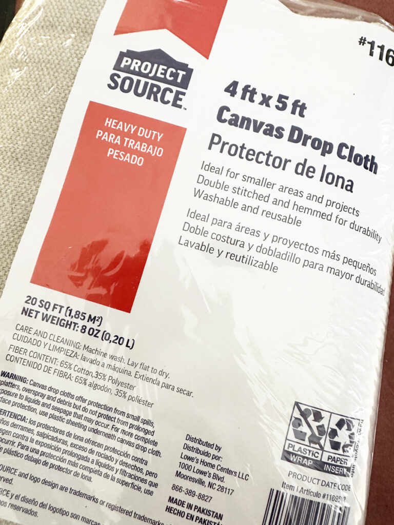 drop cloth fabric from lowes, label says 4ft by 5ft drop cloth, heavy duty, 20 square feet.