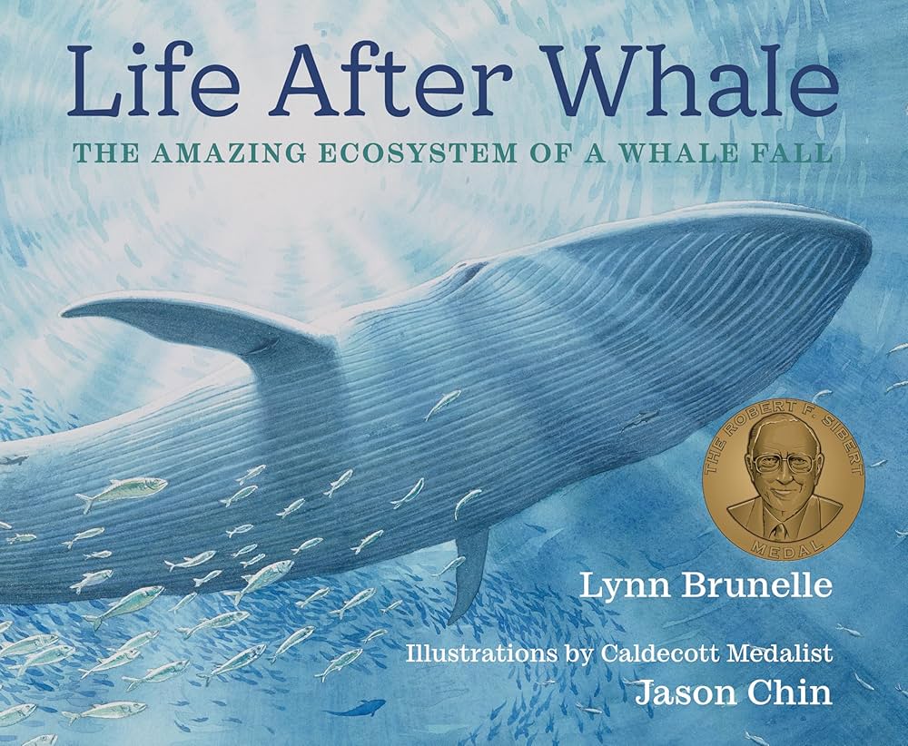 A aquatic illustration, A large whale swims with many small fish and the sun shines above. Life after whale says the text. 