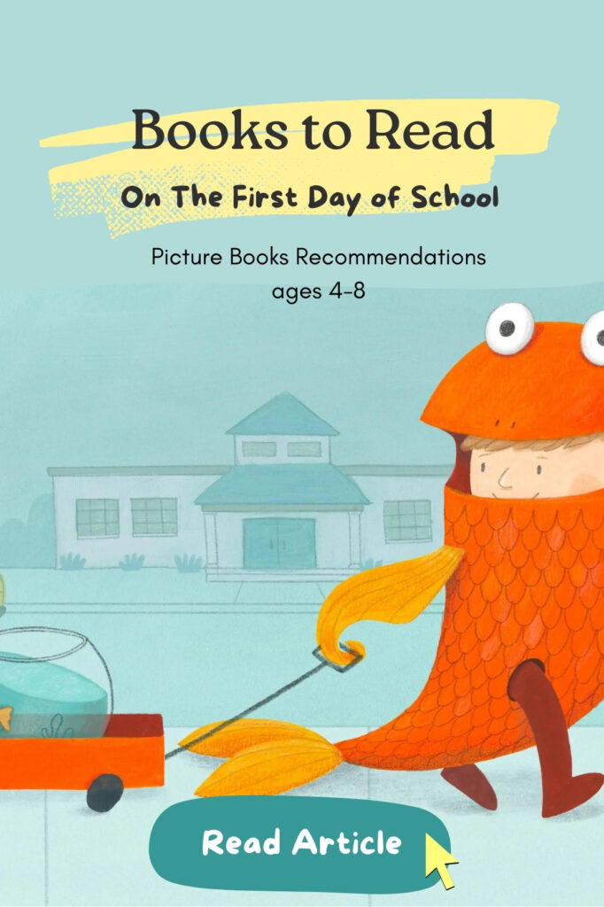 book backround with school and school bus. type reads, books to read on their first day of school, picture book recommendations for ages 4-8