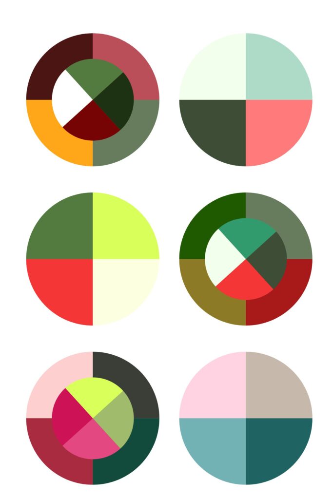 six color palettes for Christmas shown in circle swatches - these show alternative Christmas color ideas that aren't typical red and green