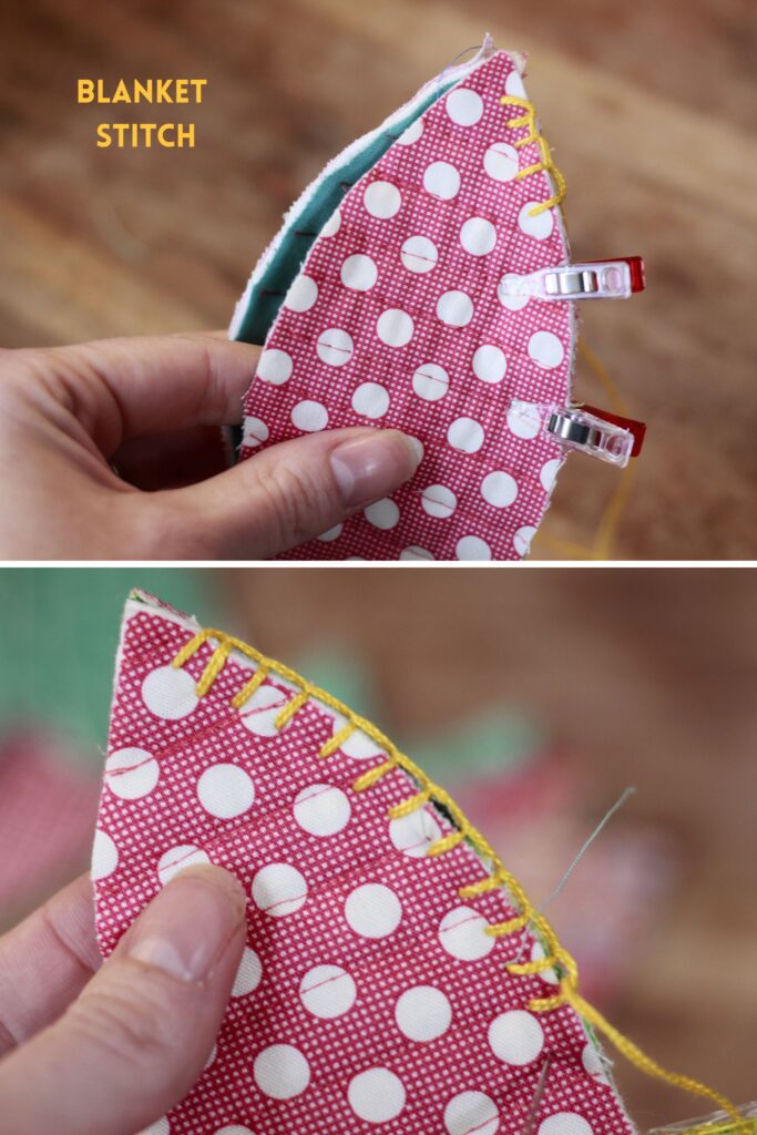 examples of blanket stitch on poka dot christmas fabric by tilda