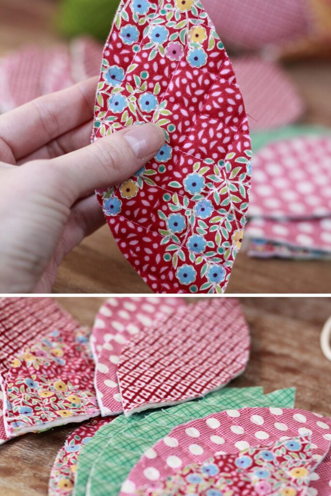 Cut out shapes in christmas fabric, some checkered, floral, gingham and poka dot