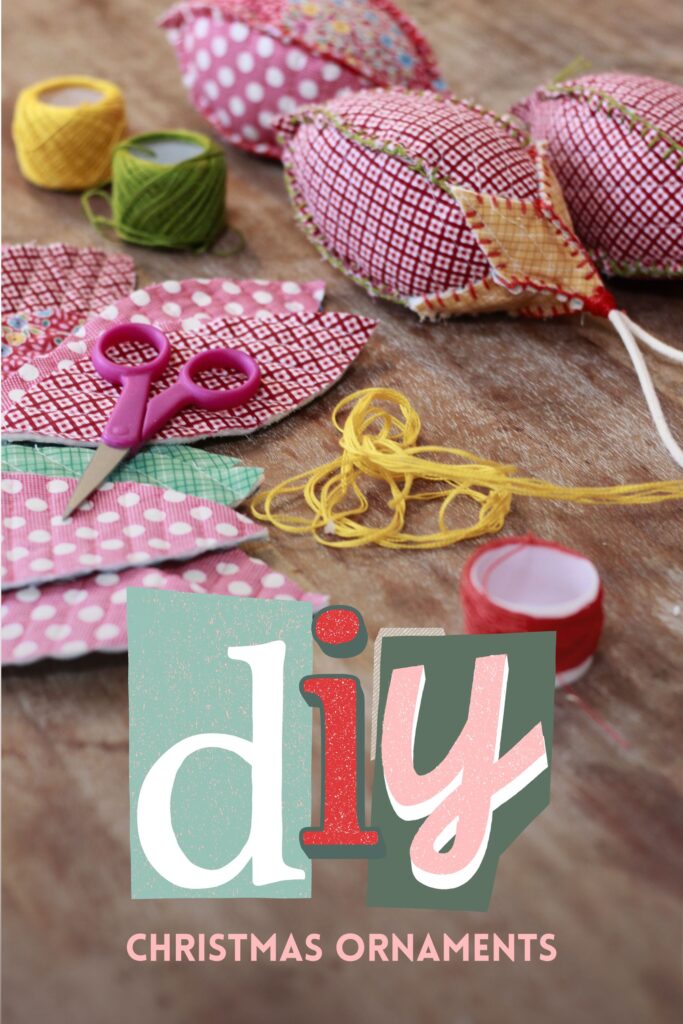 Diy christmas ornaments craft supplies, thread and fabric in gold, green and red. 